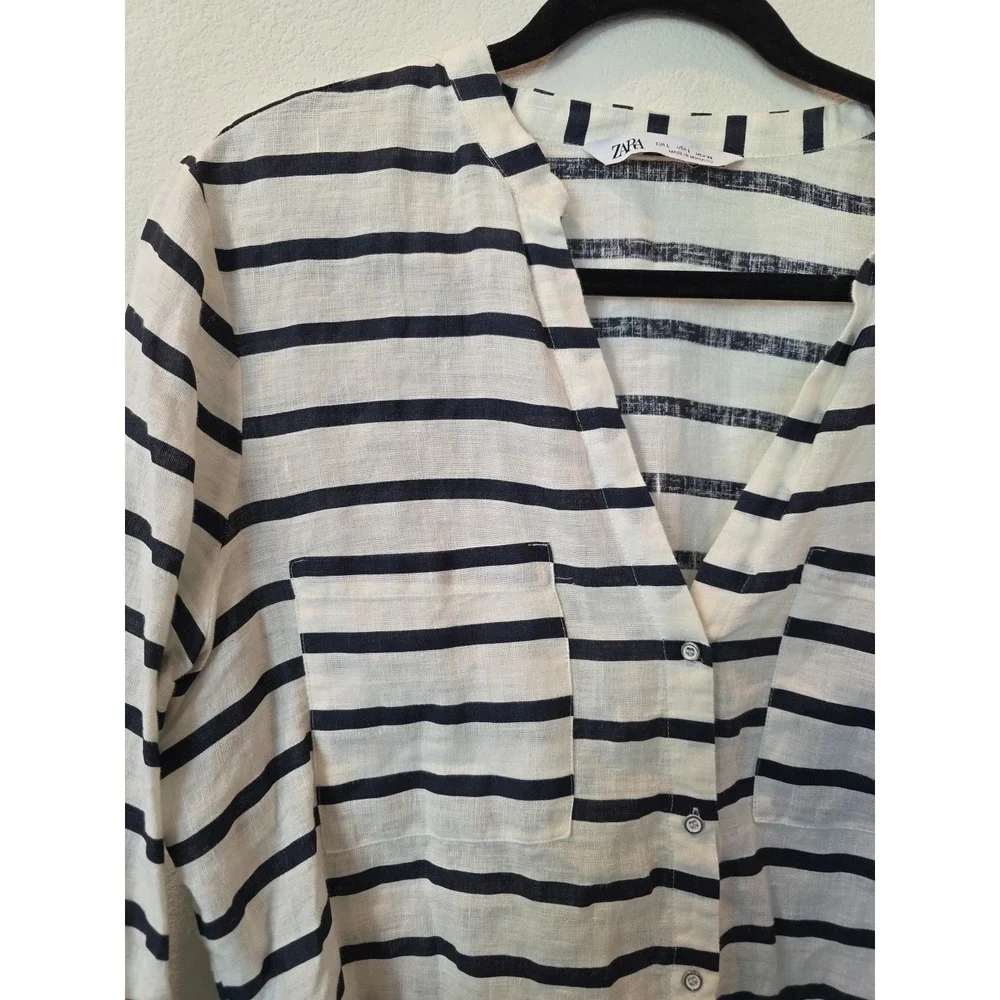Zara Striped 100% LINEN SHIRT NAVY WHITE Sz L NWOT Quiet Luxury Euro Summer - Picture 3 of 7